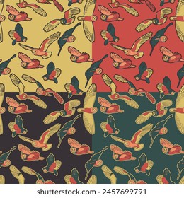 Set of four seamless patterns with flying short-eared owls. Vector illustration.