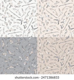 Set of four seamless patterns with flying short-eared owls. Vector illustration.