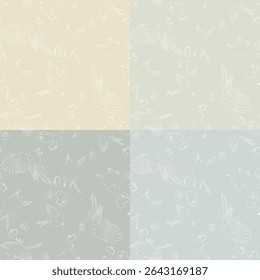 Set of four seamless patterns with flying long-tailed tits. Vector illustration.
