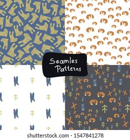 Set of four seamless patterns.  Forest seamless patterns in scandinavian style.  Ideal for prints on clothes, stationery, bedding, wallpapers, wrapping paper.  Vector illustration