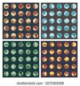 Set of four seamless patterns with grid-sorted circles and lot of rhombuses inside, several color ideas