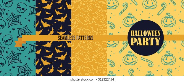 set of four seamless patterns for halloween, vector illustration