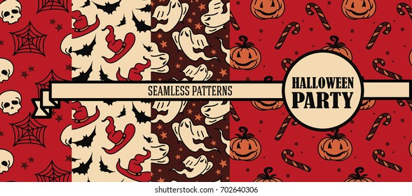 set of four seamless patterns for halloween party, red and black colors, vector illustration