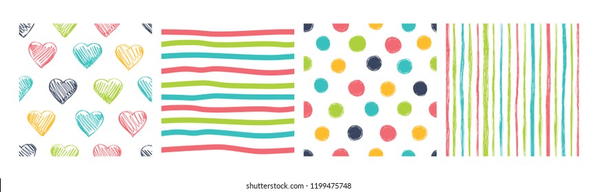 Set of four seamless patterns with hand drawn abstract elements
