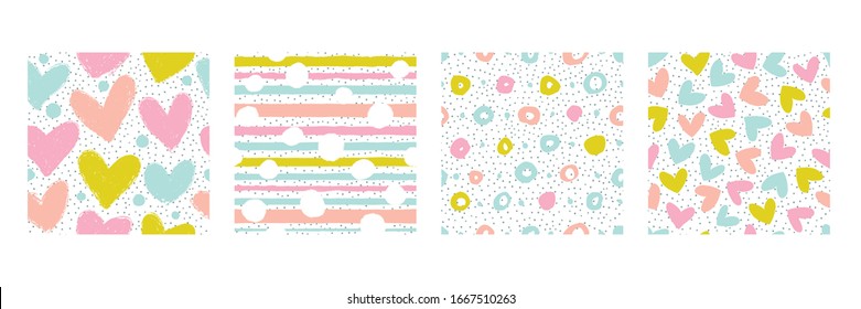 Set of four seamless patterns with hand drawn abstract elements 