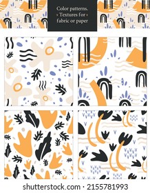 Set of four seamless patterns. Hand drawn various shapes and doodle objects. Stamp texture