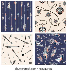 Set of four seamless patterns with hand drawn elements: arrows, feathers.