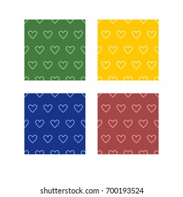 Set of four seamless patterns with hearts on a bright colored background. Vector illustration.