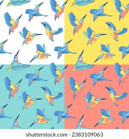 Set of four seamless patterns with kingfishers. Vector illustration.