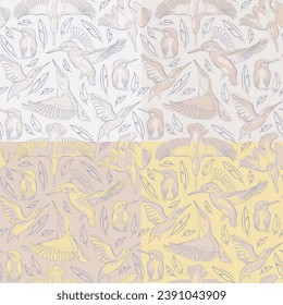 Set of four seamless patterns with kingfishers. Vector illustration.