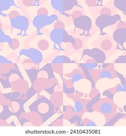 Set of four seamless patterns with kiwi birds. Vector illustration.