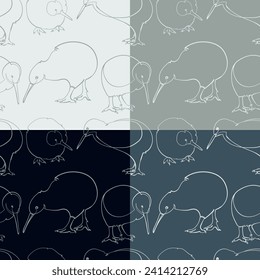 Set of four seamless patterns with kiwi birds. Vector illustration.