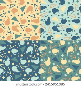 Set of four seamless patterns with kiwi birds. Vector illustration.