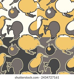 Set of four seamless patterns with kiwi birds. Vector illustration.