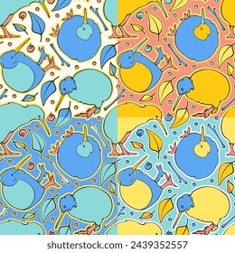 Set of four seamless patterns with kiwi birds and leaves. Vector illustration.