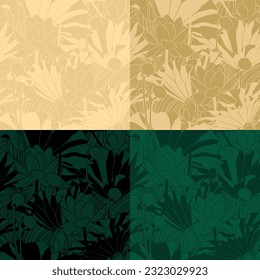 Set of four seamless patterns with lotus flowers (Nelumbo nucifera). Vector illustration.