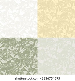 Conjunto de cuatro patrones impecables con flores de loto (Nelumbo nucifera). Ilustración vectorial.