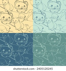 Conjunto de cuatro patrones sin fisuras con martens y weasels. Ilustración vectorial.
