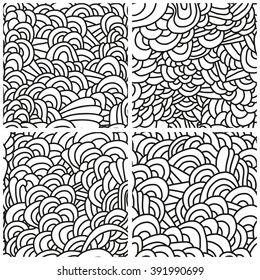 Set of four seamless patterns. Monochrome backgrounds with linear doodles, scales, diagonal waves, hand drawn graphics made with graphics tablet. Vector Illustration.
