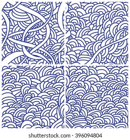 Set of four seamless patterns. Monochrome backgrounds with linear doodles, scales, diagonal waves, hand drawn graphics made with graphics tablet. Vector Illustration.