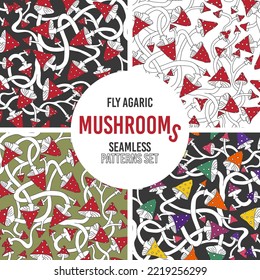 Set with four seamless patterns with mushrooms. Vector forest art with handdrawn fly agarics decor. Modern creative bright bundle for textile and surface design. Digital paper and scrapbook background