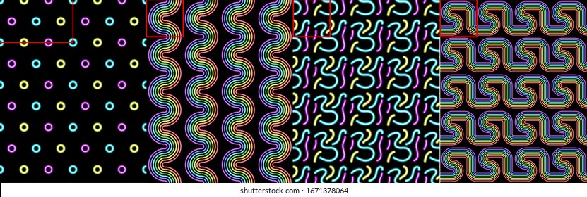Conjunto de cuatro patrones sin fisuras. Abstracción neón. Ilustración vectorial, pasos 10.