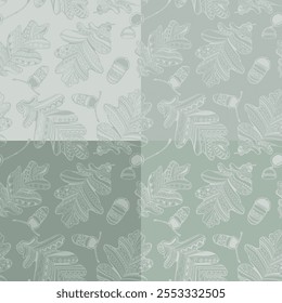 Set of four seamless patterns with oak leaves and acorns. Vector illustration.