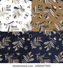 Set of four seamless patterns with oak leaves and acorns. Vector illustration.