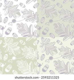 Set of four seamless patterns with oak leaves and acorns. Vector illustration.