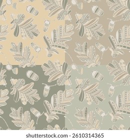 Set of four seamless patterns with oak leaves and acorns. Vector illustration.