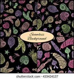 Set Of Four Seamless Patterns With Pastel Ornamental Fruits And Vegetables