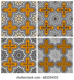 Set of four seamless patterns, patchwork tiles. Can be used on packaging paper, fabric, background for different images, etc. Freehand drawing