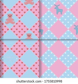 A set of four seamless patterns. Pink and blue diamonds with dots and hearts; bears and deer.