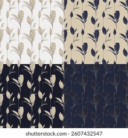 Set of four seamless patterns with plants (Spathiphyllum). Vector illustration.