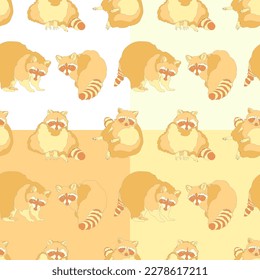 Set of four seamless patterns with raccoons. Vector illustration.