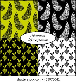 Set Of Four Seamless Patterns With Radish And Eggplant