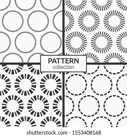 Set of four seamless patterns of repeating round ornaments isolated on white background. Backgrounds with dotted circles. Stylish texture. Vector monochrome illustrations.