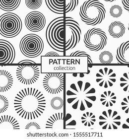 Set of four seamless patterns of repeating round ornaments isolated on white background. Backgrounds with circles, swirling shapes. Stylish textures. Vector monochrome illustrations.