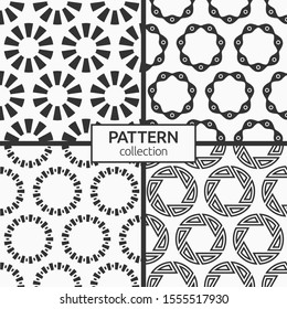 Set of four seamless patterns of repeating round ornaments isolated on white background. Backgrounds with circles, swirling shapes. Stylish textures. Vector monochrome illustrations.
