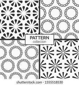 Set of four seamless patterns of repeating round ornaments isolated on white background. Backgrounds with circles, swirling shapes. Stylish textures. Vector monochrome illustrations.