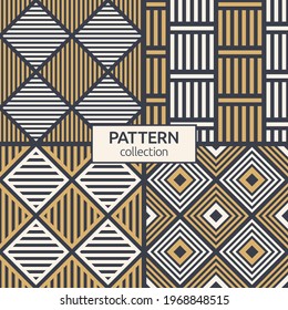 Set of four seamless patterns. Repeating ornaments, stripes lattice, rhombuses. Geometric stylish background. Modern stylish texture. Vector color backgrounds.