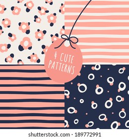 Set of four seamless patterns. Romantic and cute backgrounds.