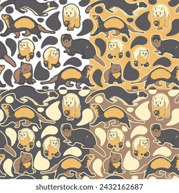 Set of four seamless patterns with sables, martens and ferrets. Vector illustration.