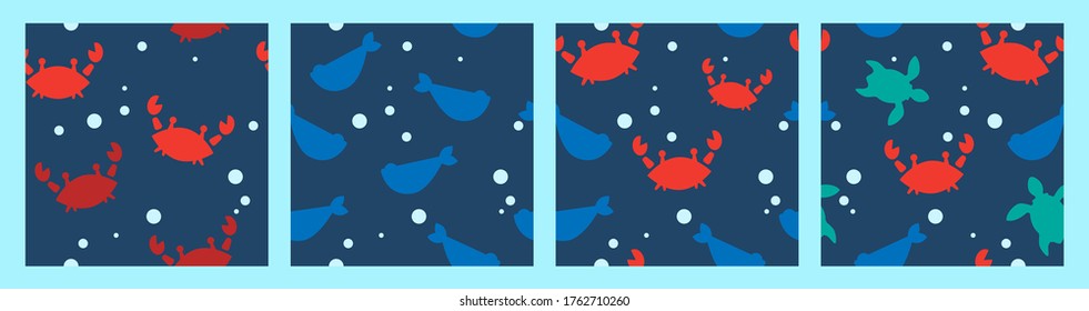 set of four seamless patterns with silhouettes of red crabs, fish, turtles and bubbles. cartoon flat design. Marine theme. for packaging, paper, fabric. print for clothes