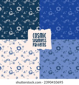 Set of four seamless patterns with sketch style sun, comets, stars and planets, vector illustration