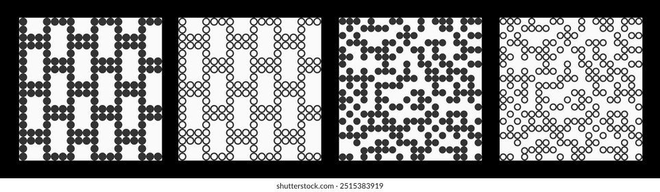 Set of four seamless patterns with small circles or dots. Geometric halftone dots patterns. Randomly arranged dots. Seamless vector repeating backgrounds. Black dots patterns isolated on white backgro