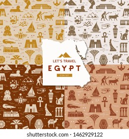 Set of four seamless patterns of symbols, landmarks, and signs of Egypt from icons in a flat style.