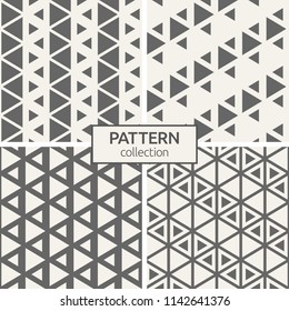 Set of four seamless patterns of triangles. Abstract geometric trendy vector backgrounds. Modern stylish textures of repeating geometric triangle tiles. Regular diagonal stripes.