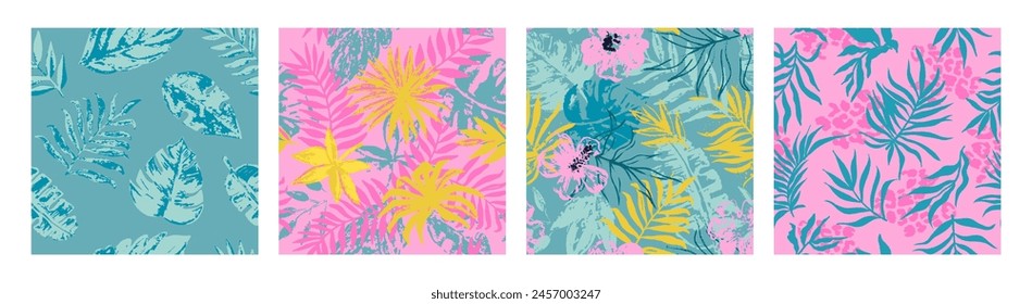 Set of four seamless patterns with tropical leaves, flowers and leopard print . Summer colorful textile design,home decor, art project and more. Vector illustration.