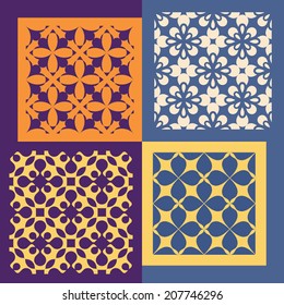 Satz von vier nahtlosen Mustern. Geometrische Vintage-Ornamente. Kann für Bildschirmhintergründe, Musterfüllungen, Web-Hintergrund verwendet werden. Vektorgrafik. 